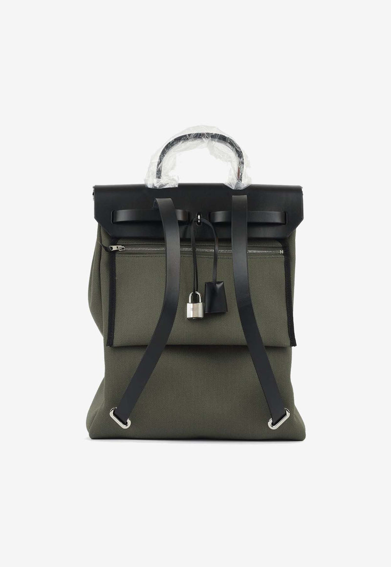 Hermès Herbag Sac A Dos in Vert de Gris Toile and Black Hunter Leather with Palladium Hardware