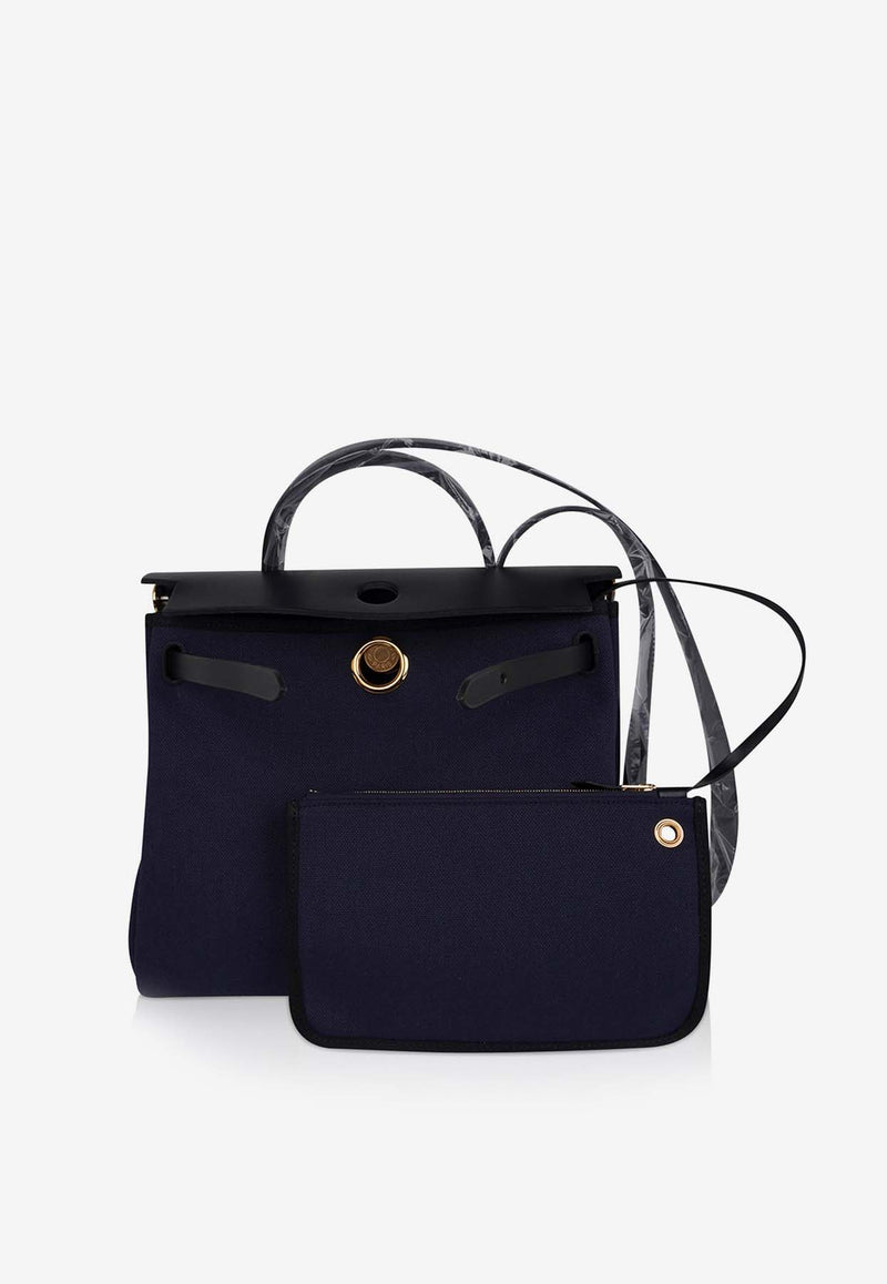 Hermès Herbag 31 in Blue Indigo Toile and Black Vache Hunter with Gold Hardware