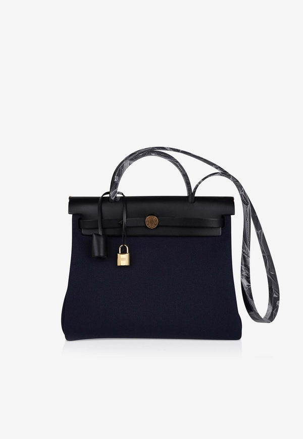 Hermès Herbag 31 in Blue Indigo Toile and Black Vache Hunter with Gold Hardware