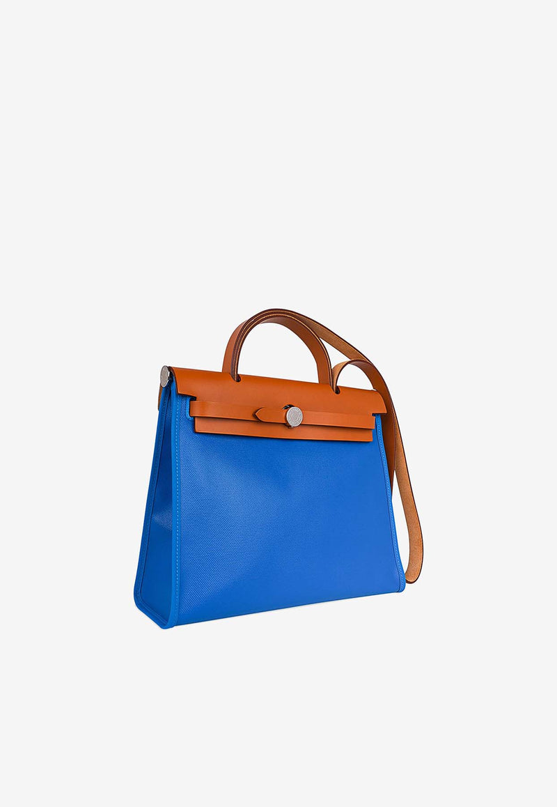 Hermès Herbag Zip Retourne 31 in Blue Frida Toile Berline and Vache Naturelle with Palladium Hardware