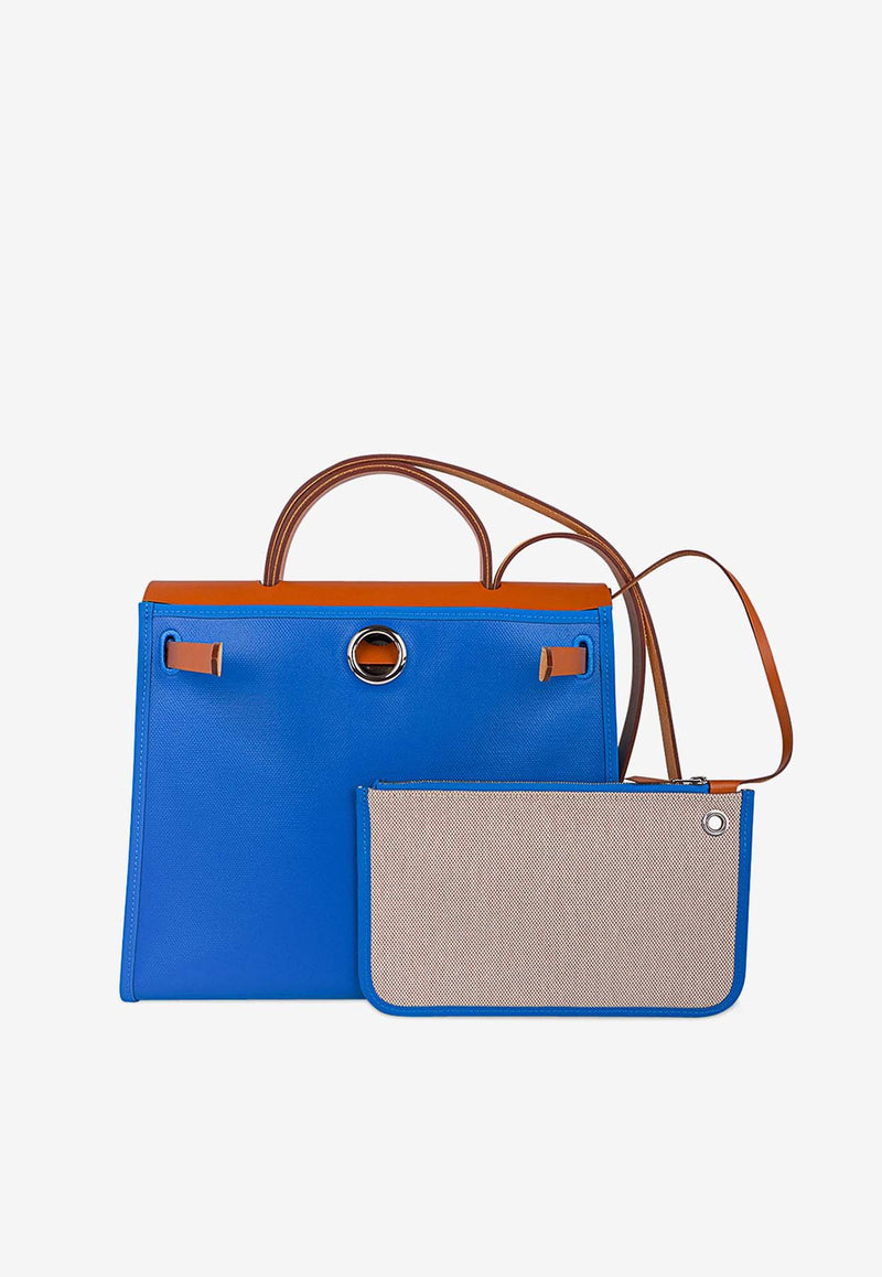 Hermès Herbag Zip Retourne 31 in Blue Frida Toile Berline and Vache Naturelle with Palladium Hardware