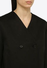 Loulou Studio Double-Breasted Collarless Jacket in Linen-Blend ICHACO/O_LOULO-BLK