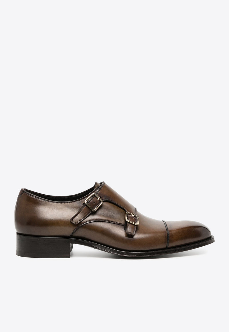 Tom Ford Elkan Leather Monk Strap Shoes J1384-LCL024P 1Y005 Brown