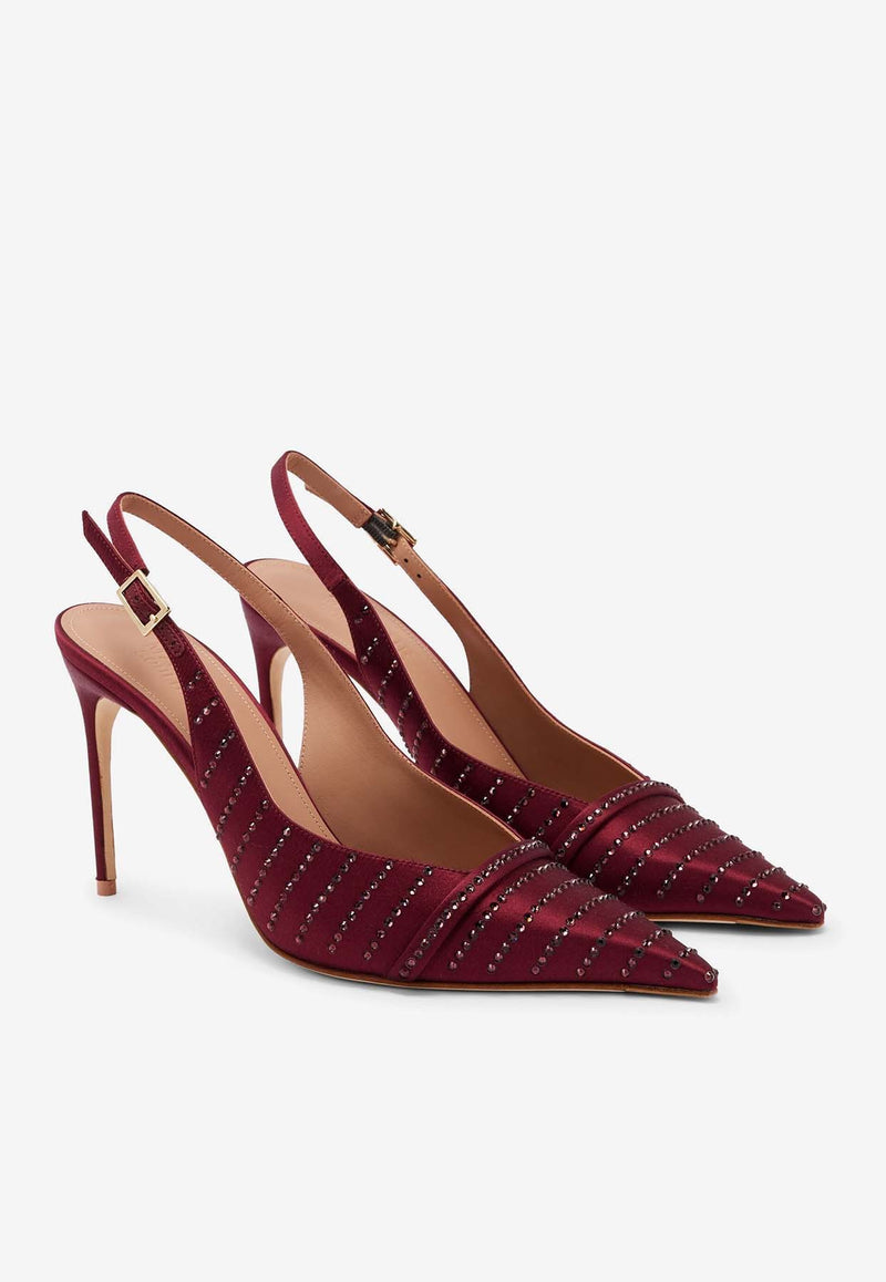 Malone Souliers Jazz 90 Embellished Slingback Satin Pumps JAZZ 90-3 BURGUNDY/BURGUNDY