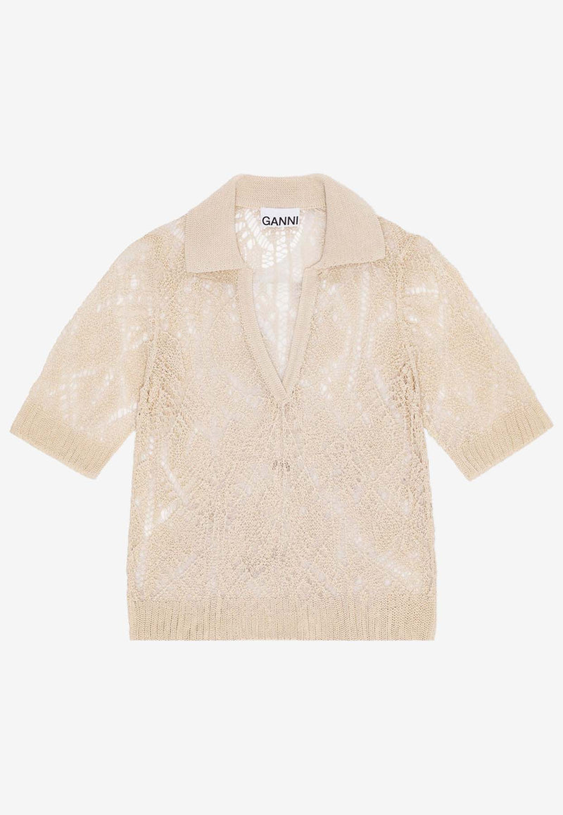 GANNI Lace Polo T-shirt Cream K2200CREAM