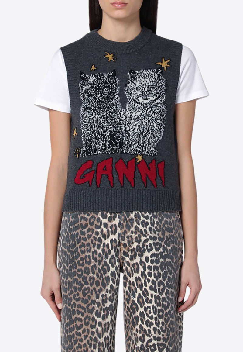 GANNI Graphic Cats Sweater Vest Gray K2375WO/Q_GAN-084