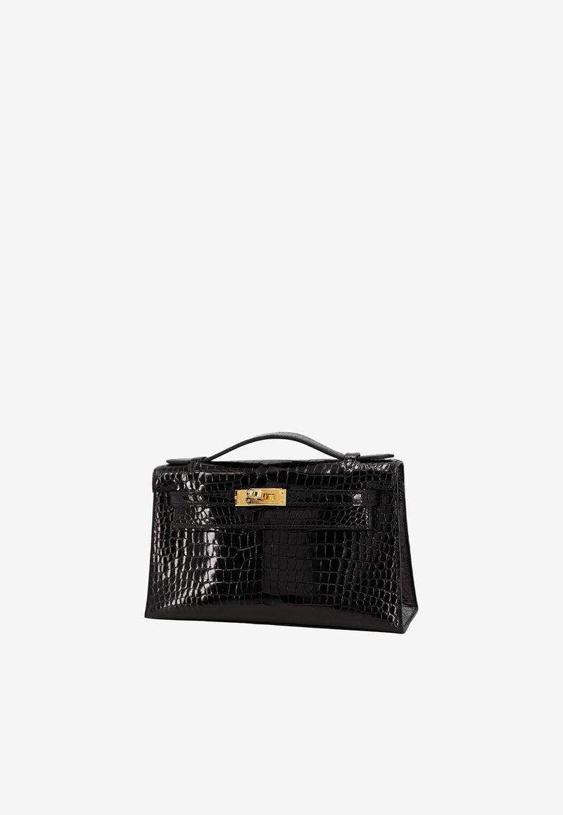 Hermès Kelly Pochette Clutch Bag in Black Porosus Crocodile with Gold Hardware