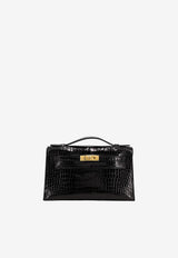 Hermès Kelly Pochette Clutch Bag in Black Porosus Crocodile with Gold Hardware