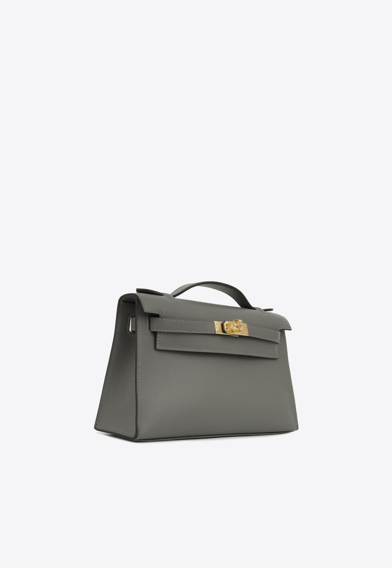 Hermès Kelly Pochette Clutch Bag in Gris Meyer Swift with Gold Hardware