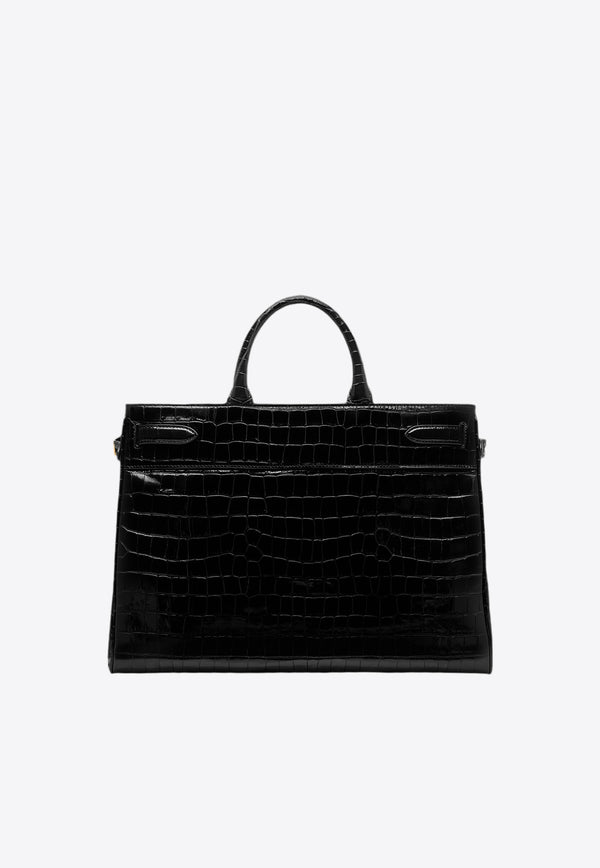 Tom Ford Large Whitney Top Handle Bag in Croc Embossed Leather L1785-LCL403X 1N001 Black