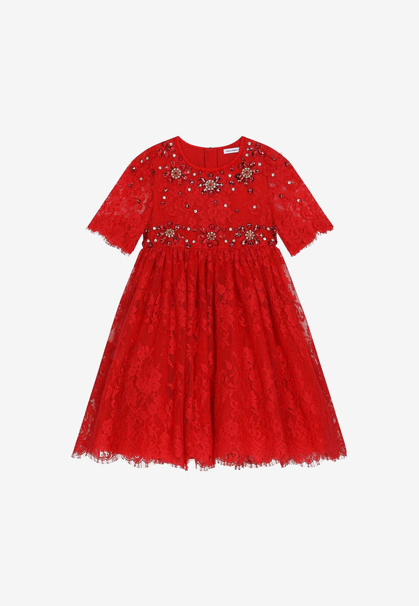 Dolce 
Gabbana Kids Girls Gemstone-Embellished Lace Dress L53DQ9 G7K3M R2254