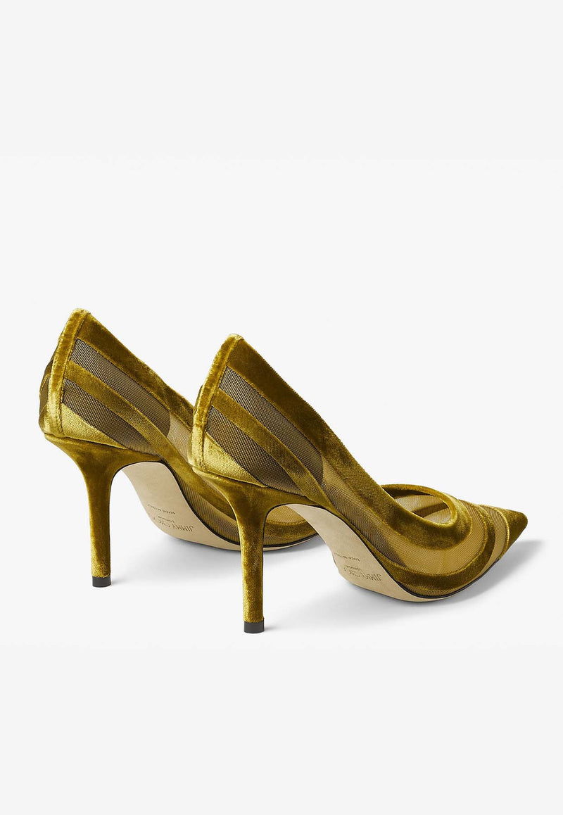 Jimmy Choo Love 85 Pumps in Flocked Velvet Mesh LOVE 85 FSK CITRINE/GOLD