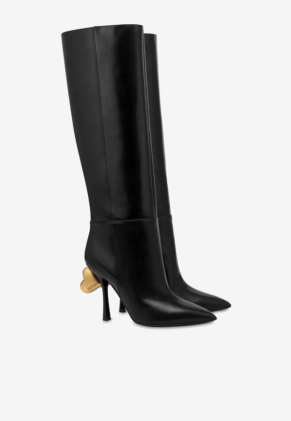 Moschino Sweet Hearts 100 Leather Knee-High Boots MA2601AC1LMD5000 ANTIK NERO Black