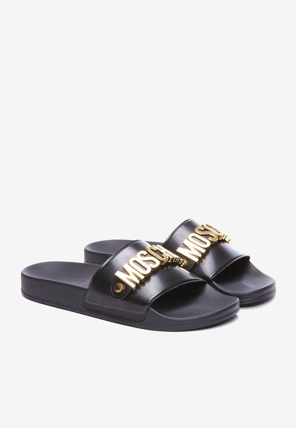 Moschino Logo Pool Slides MB28032G1HG11000 NERO/ORO Black