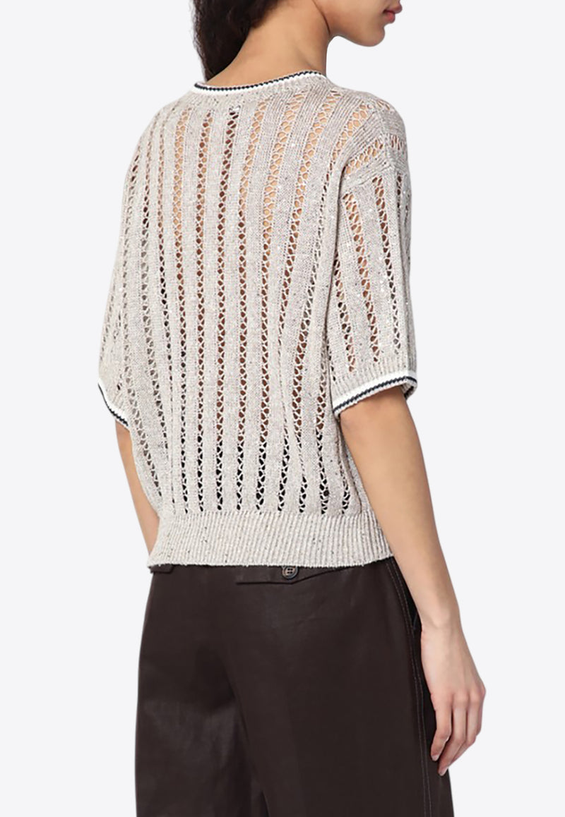 Brunello Cucinelli Linen Dazzling Ribbed Net Knit Top Beige MCO559400LI/Q_CUCIN-CJK08