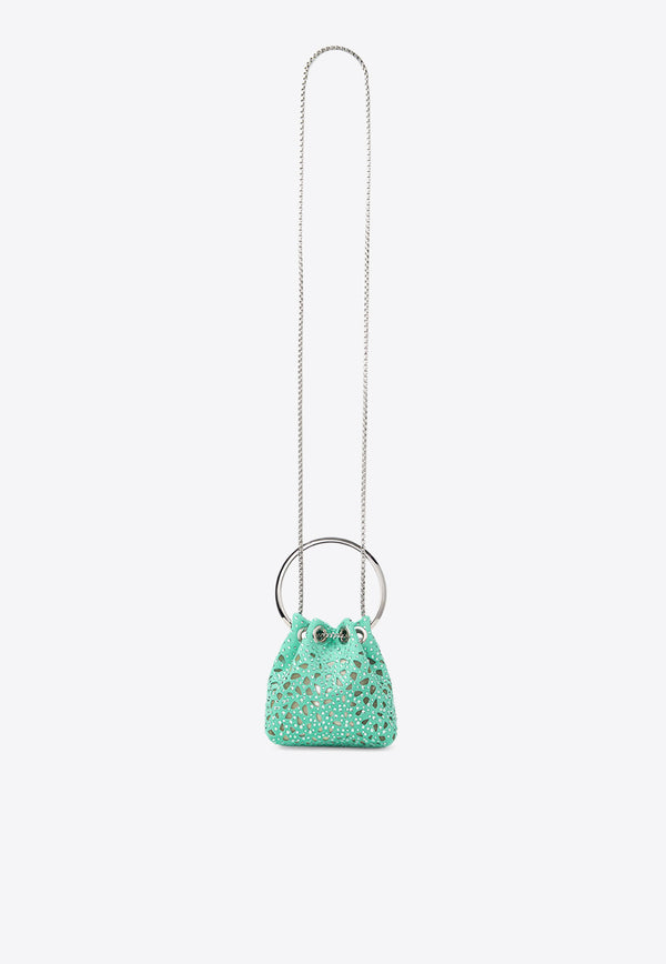 Jimmy Choo Micro Bon Bon Crystal Suede Bucket Bag Green MICRO BON BON QLM AQUA GREEN/SILVER