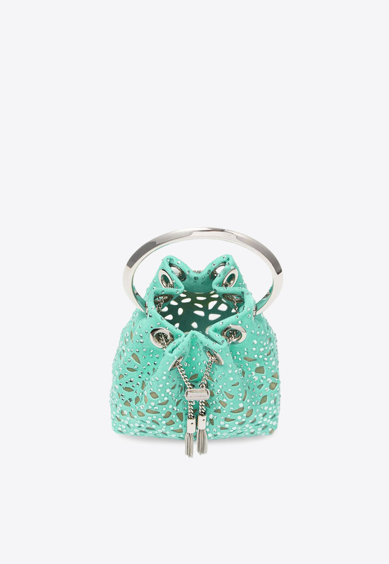 Jimmy Choo Micro Bon Bon Crystal Suede Bucket Bag Green MICRO BON BON QLM AQUA GREEN/SILVER