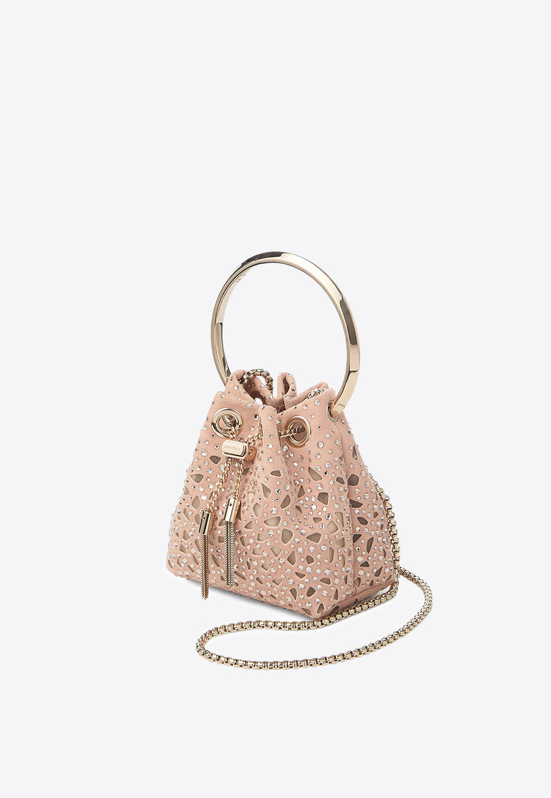 Jimmy Choo Micro Bon Bon Crystal Suede Bucket Bag Pink MICRO BON BON QLM MACARON/LIGHT GOLD