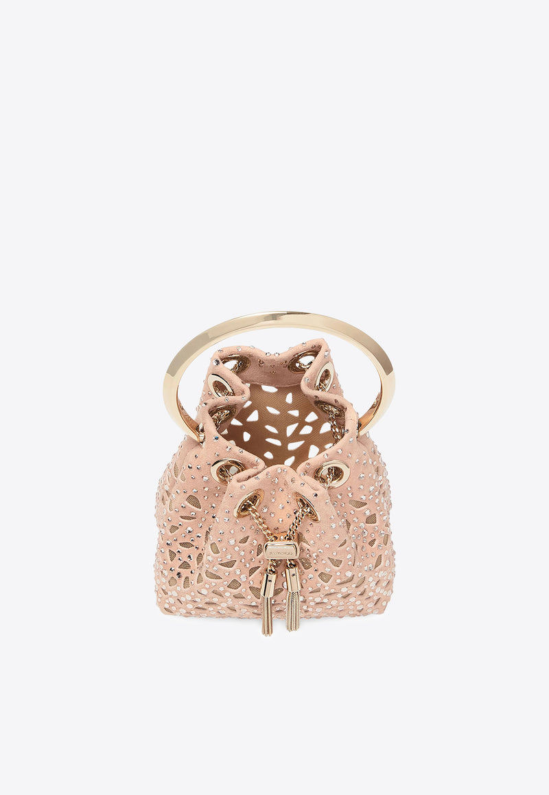 Jimmy Choo Micro Bon Bon Crystal Suede Bucket Bag Pink MICRO BON BON QLM MACARON/LIGHT GOLD