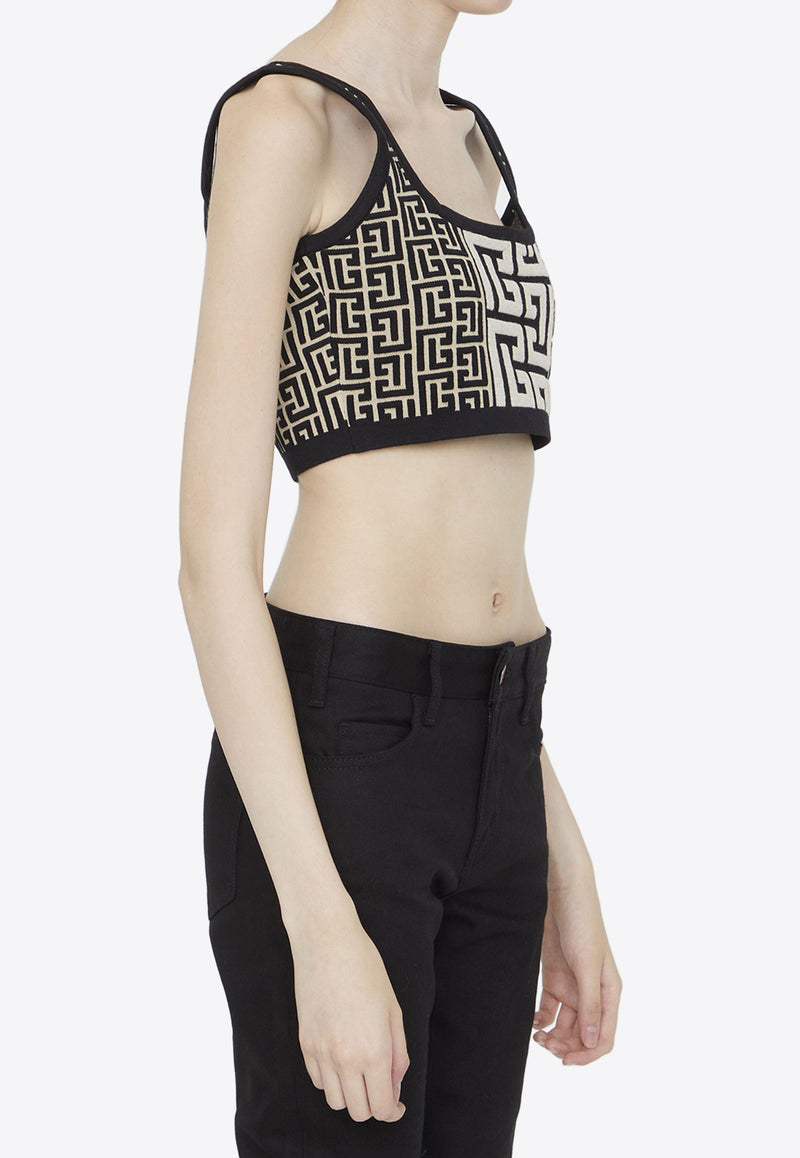 Balmain Monogram Knit Cropped Top in Wool Blend Ivory BF1AA035KE67--GFE