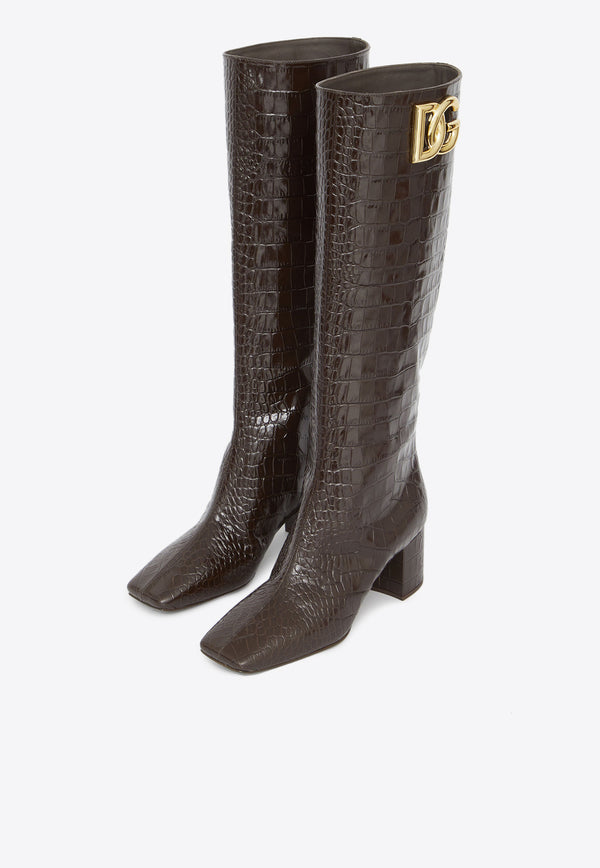 Dolce 
Gabbana Jackie 60 Knee-High Boots in Croc-Embossed Leather Brown CU1067-AP535-87754