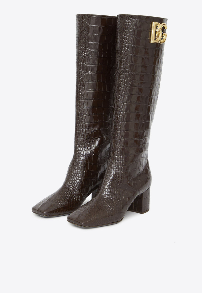 Dolce 
Gabbana Jackie 60 Knee-High Boots in Croc-Embossed Leather Brown CU1067-AP535-87754