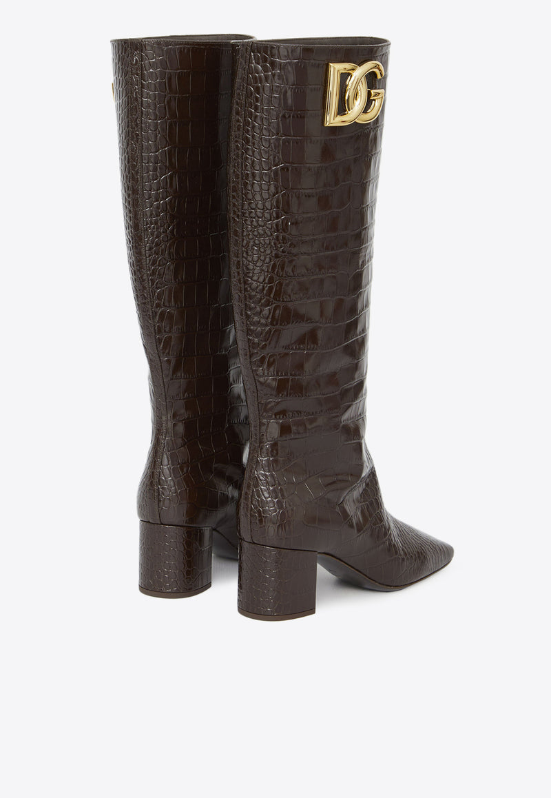 Dolce 
Gabbana Jackie 60 Knee-High Boots in Croc-Embossed Leather Brown CU1067-AP535-87754