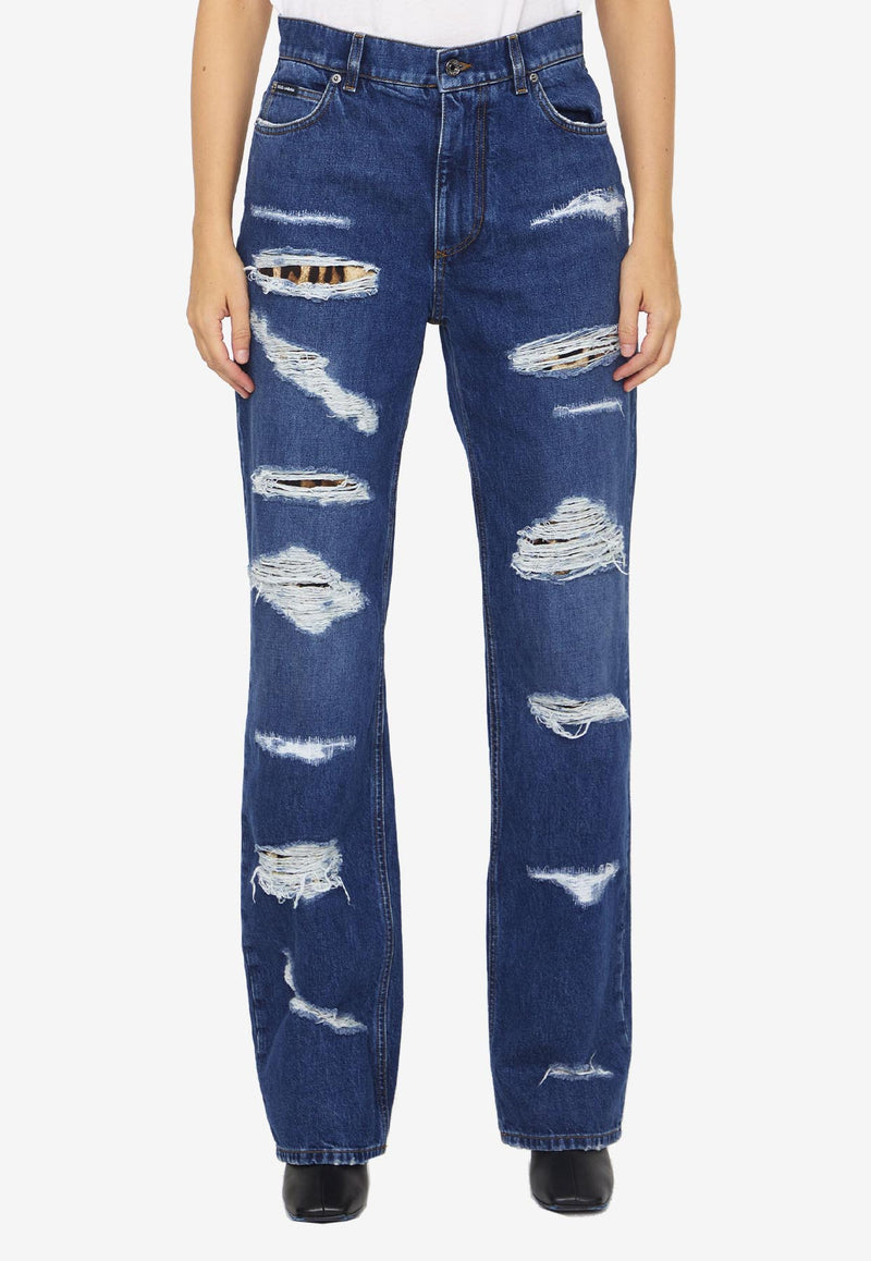 Dolce 
Gabbana Ripped Animal Print Jeans FTCGND-G8JU7-S9001 Blue