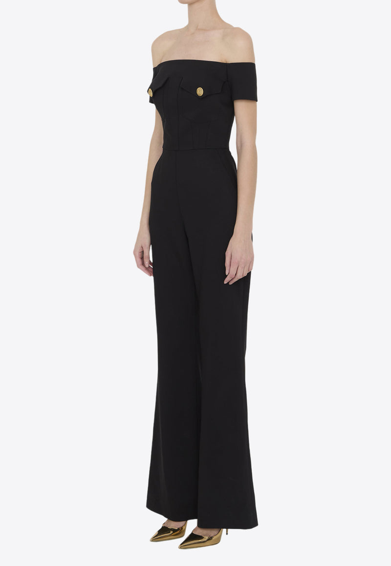 Balmain Off-Shoulder Crepe Jumpsuit Black CF1PW130VE17--0PA