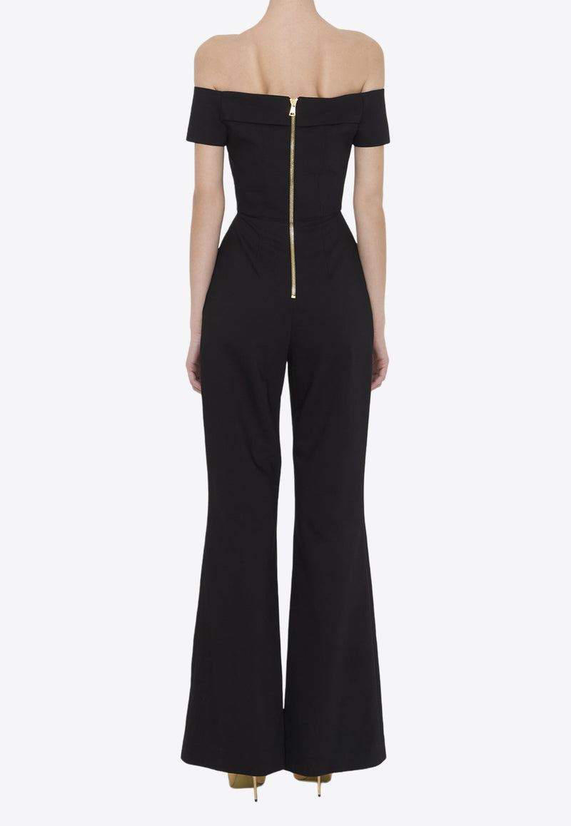 Balmain Off-Shoulder Crepe Jumpsuit Black CF1PW130VE17--0PA