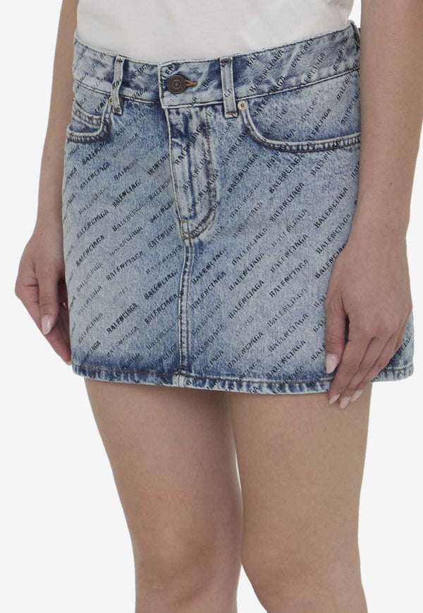 Balenciaga All-Over Logo Mini Denim Skirt Blue 744972-TQW66-4141