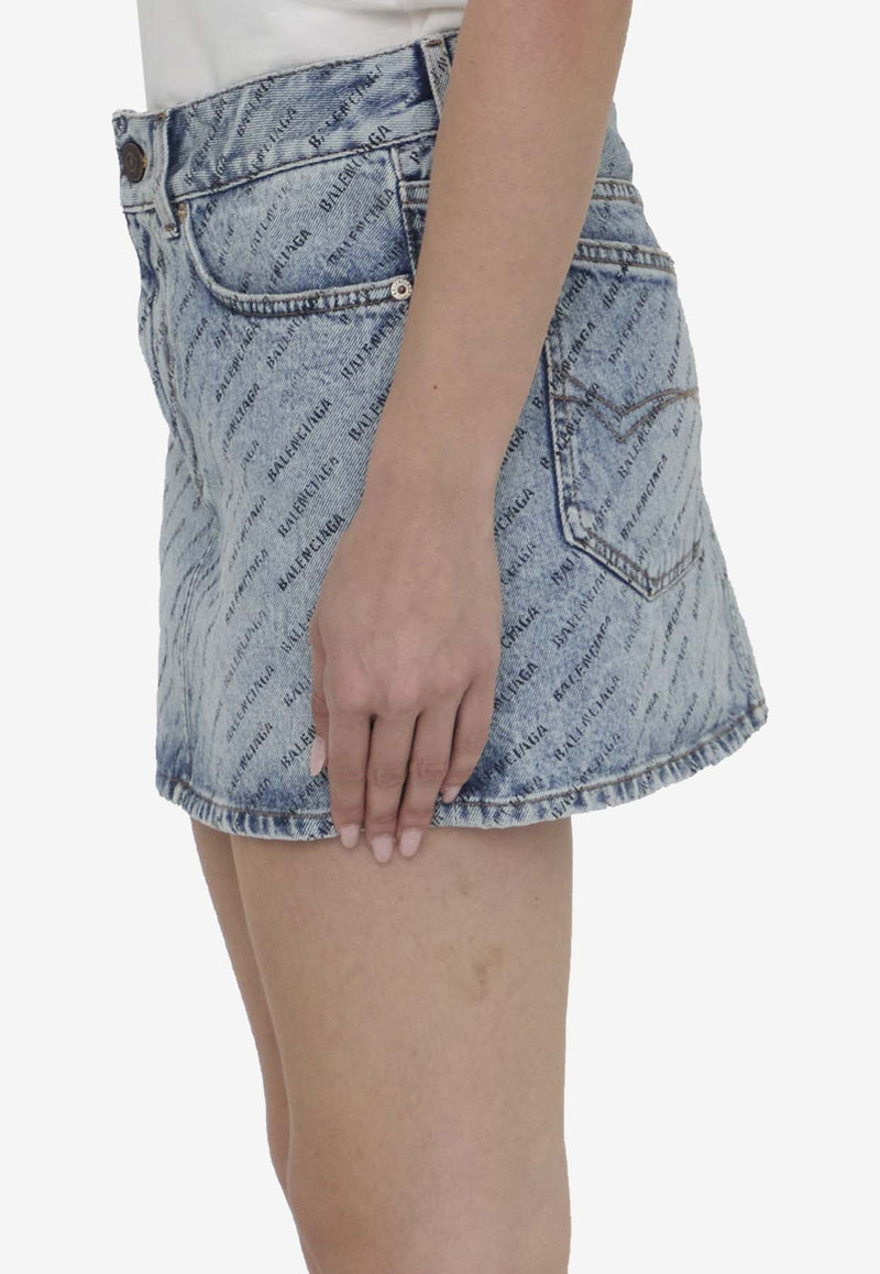 Balenciaga All-Over Logo Mini Denim Skirt Blue 744972-TQW66-4141