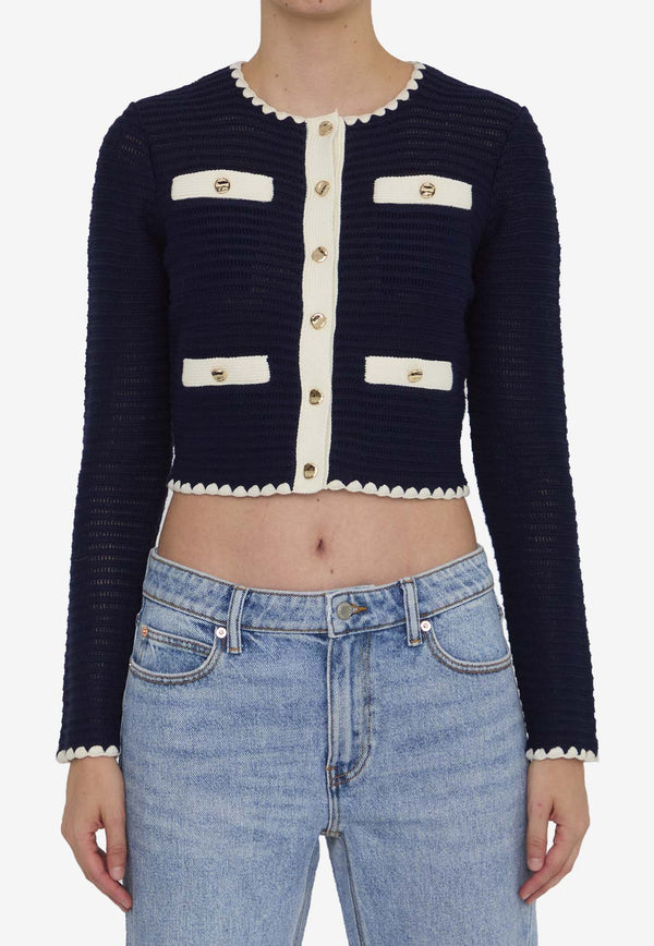 Self-Portrait Crochet Knit Cropped Cardigan Blue PF24131JBL--BLUE DENIM