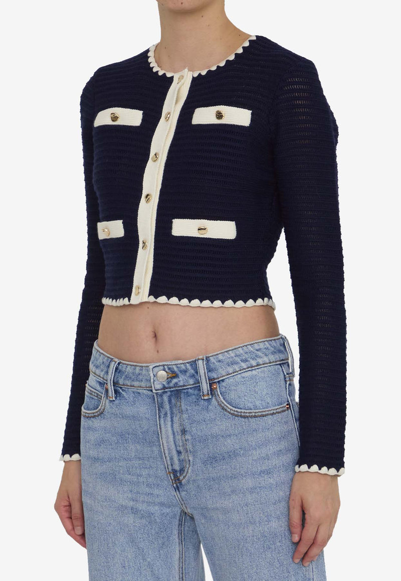 Self-Portrait Crochet Knit Cropped Cardigan Blue PF24131JBL--BLUE DENIM