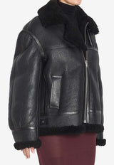 Saint Laurent Shearling-Trimmed Zip-Up Leather Jacket Black 800896-YCOW2-1010