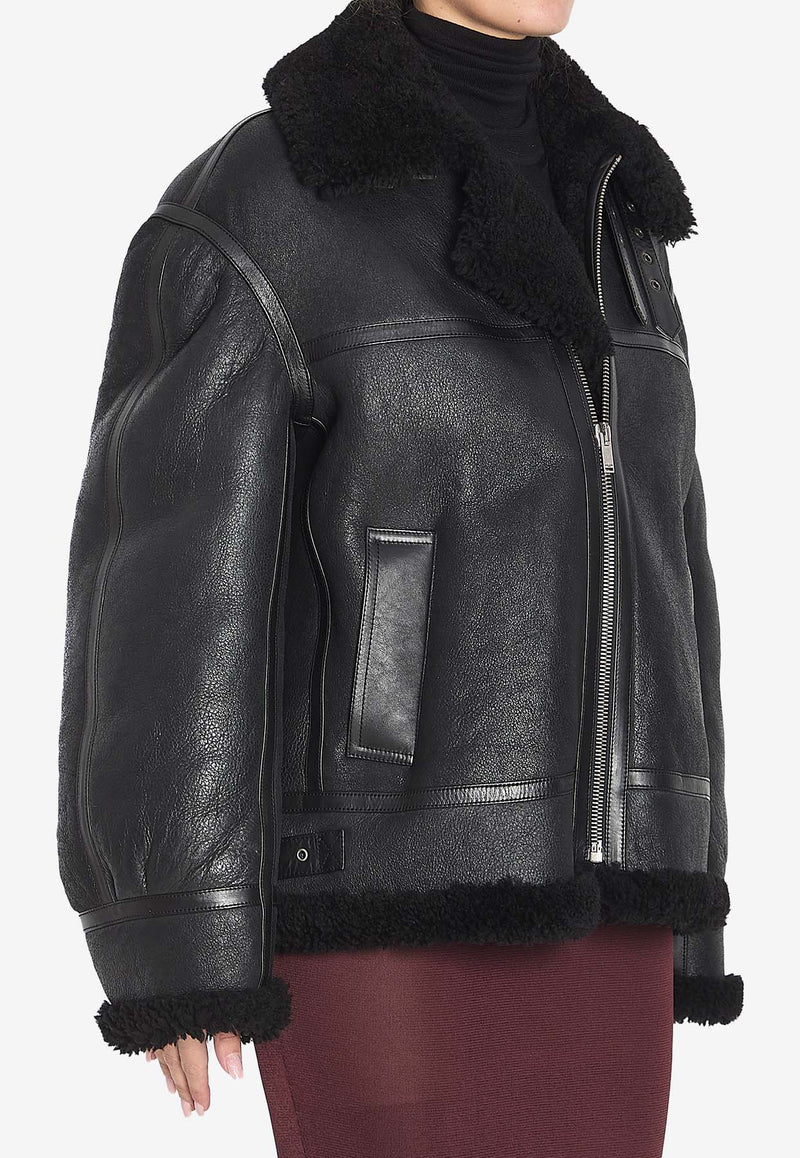 Saint Laurent Shearling-Trimmed Zip-Up Leather Jacket Black 800896-YCOW2-1010