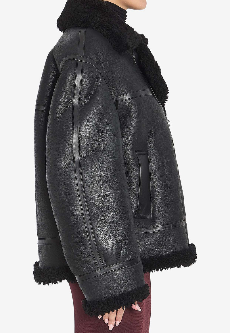 Saint Laurent Shearling-Trimmed Zip-Up Leather Jacket Black 800896-YCOW2-1010