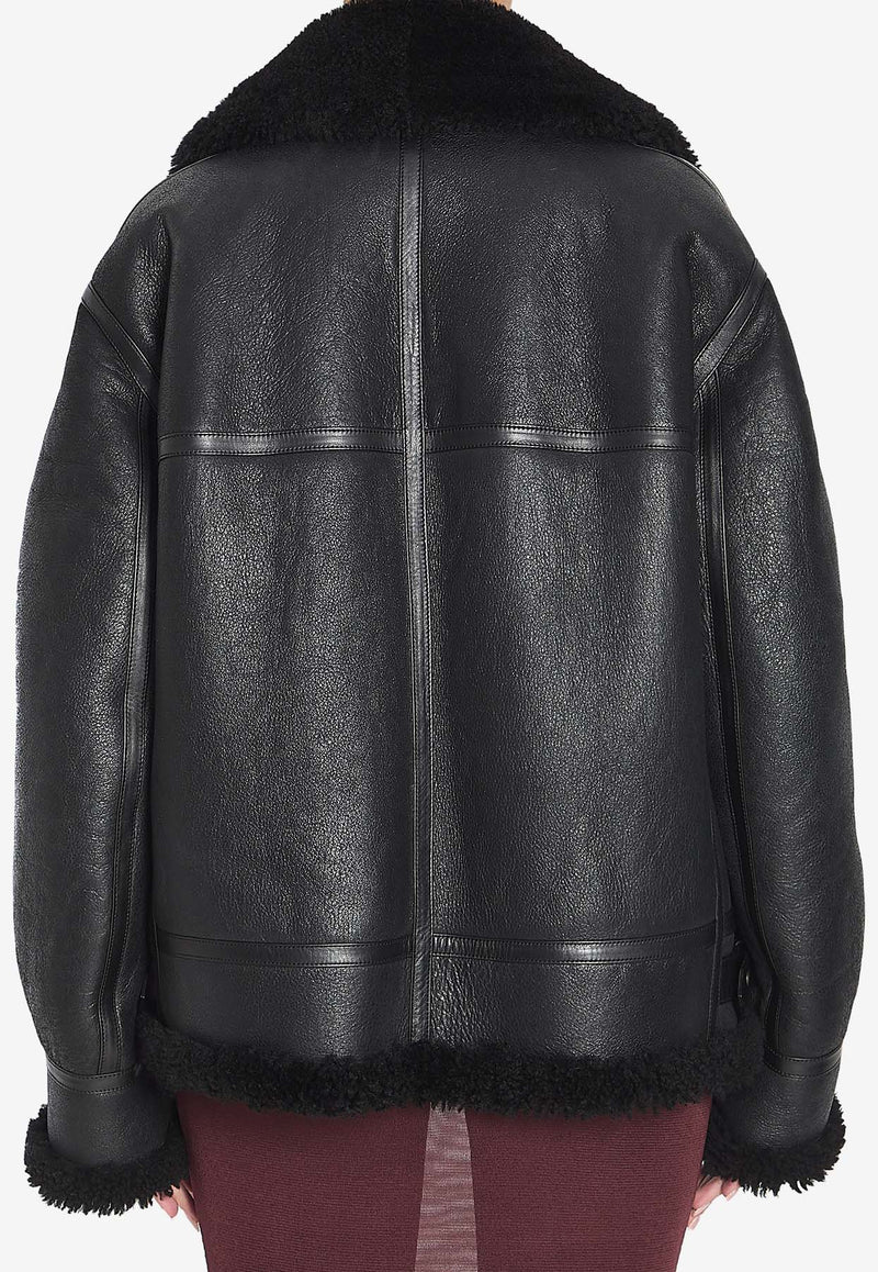 Saint Laurent Shearling-Trimmed Zip-Up Leather Jacket Black 800896-YCOW2-1010