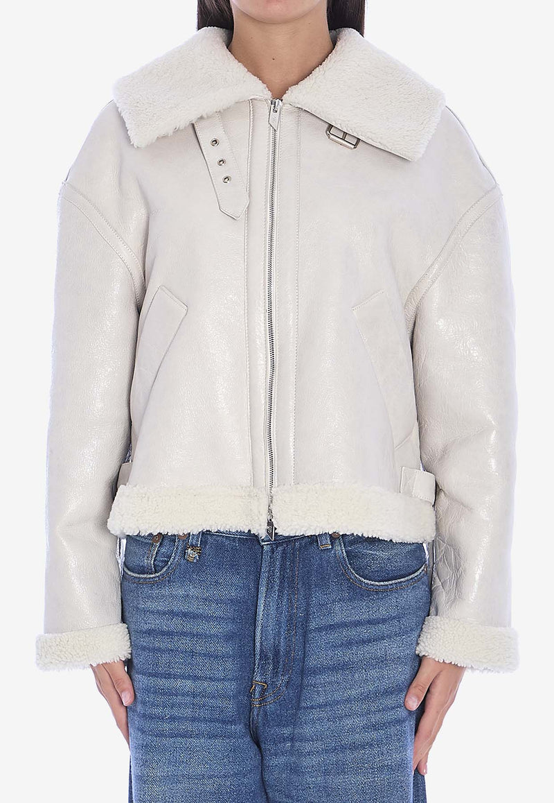 Salvatore Santoro Shearling-Trimmed Leather Zip-Up Jacket White 47055-TRIX-IVORY