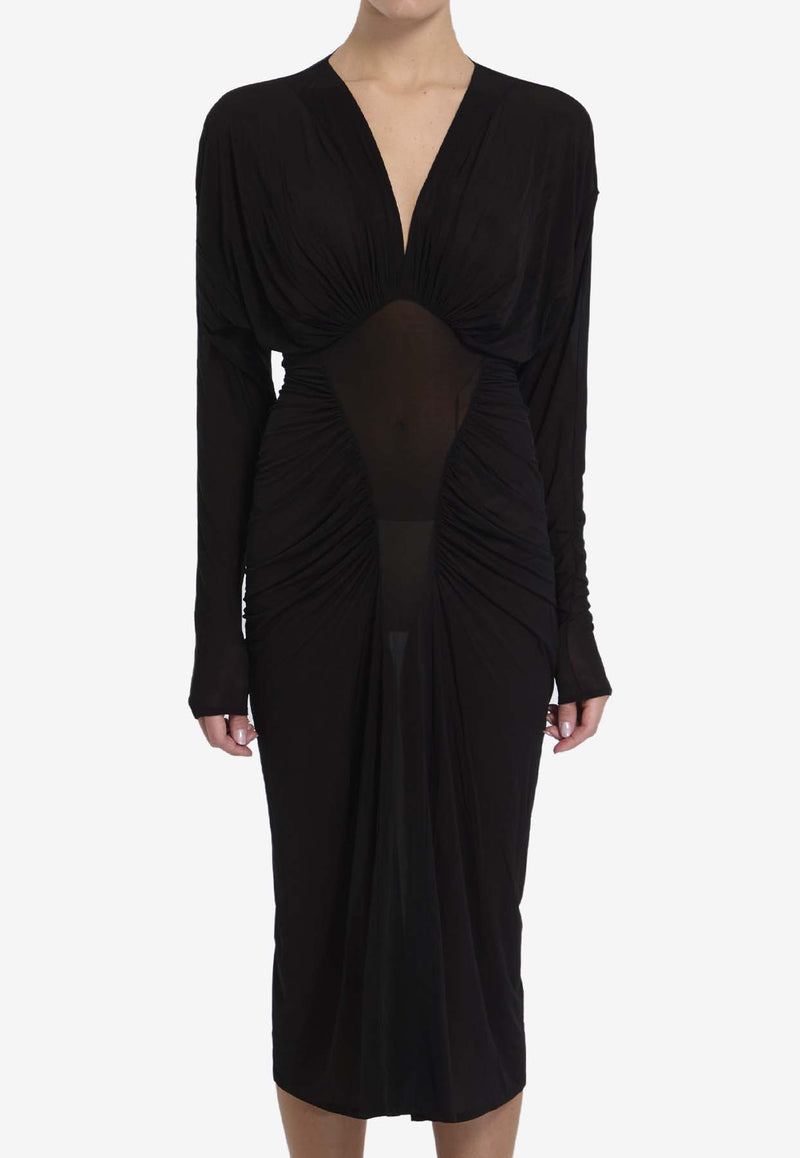 Saint Laurent Semi-Sheer Ruched Midi Dress Black 808093-Y5G89-1000