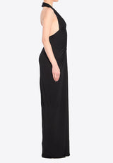 Semi-Sheer Halterneck Ruched Gown Black 810157-Y3I98-1000