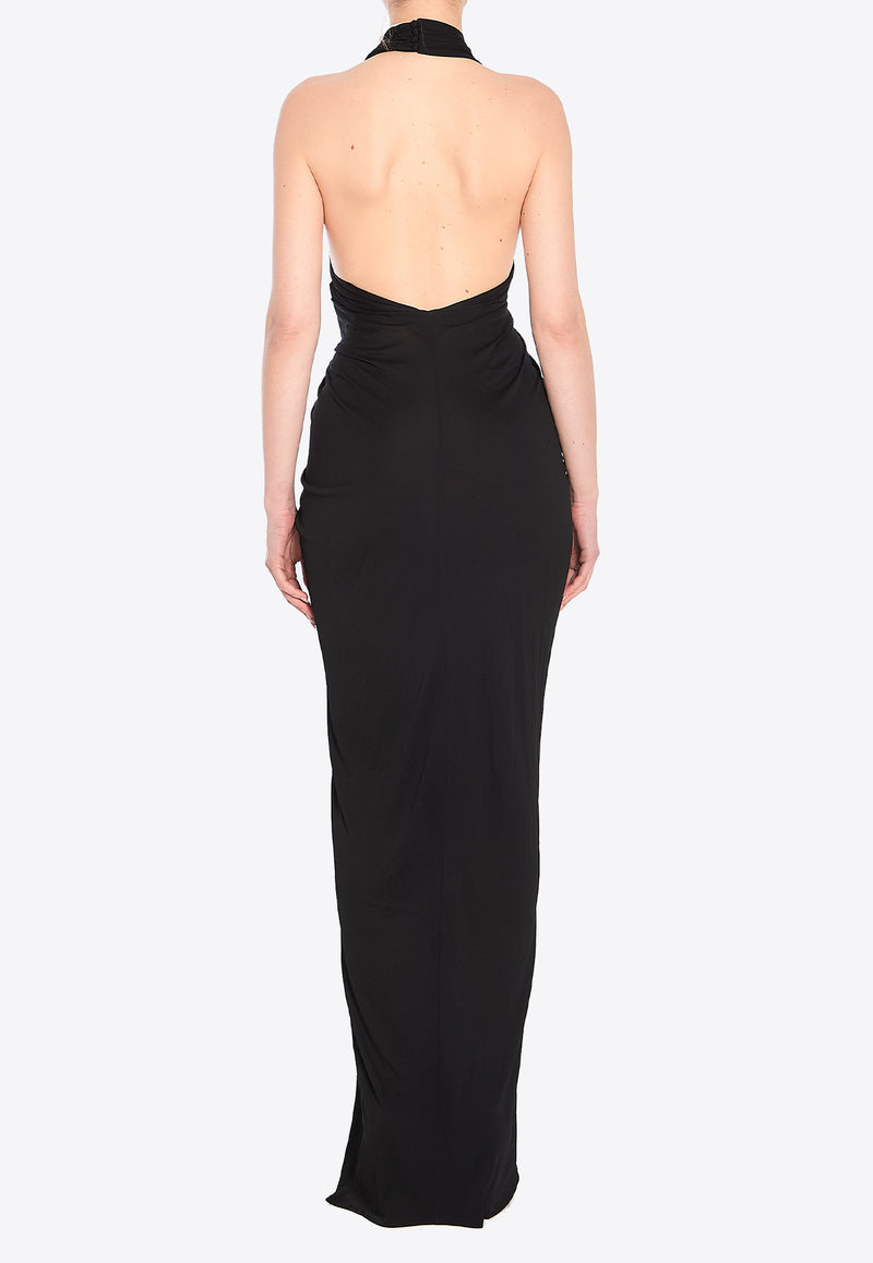 Semi-Sheer Halterneck Ruched Gown Black 810157-Y3I98-1000