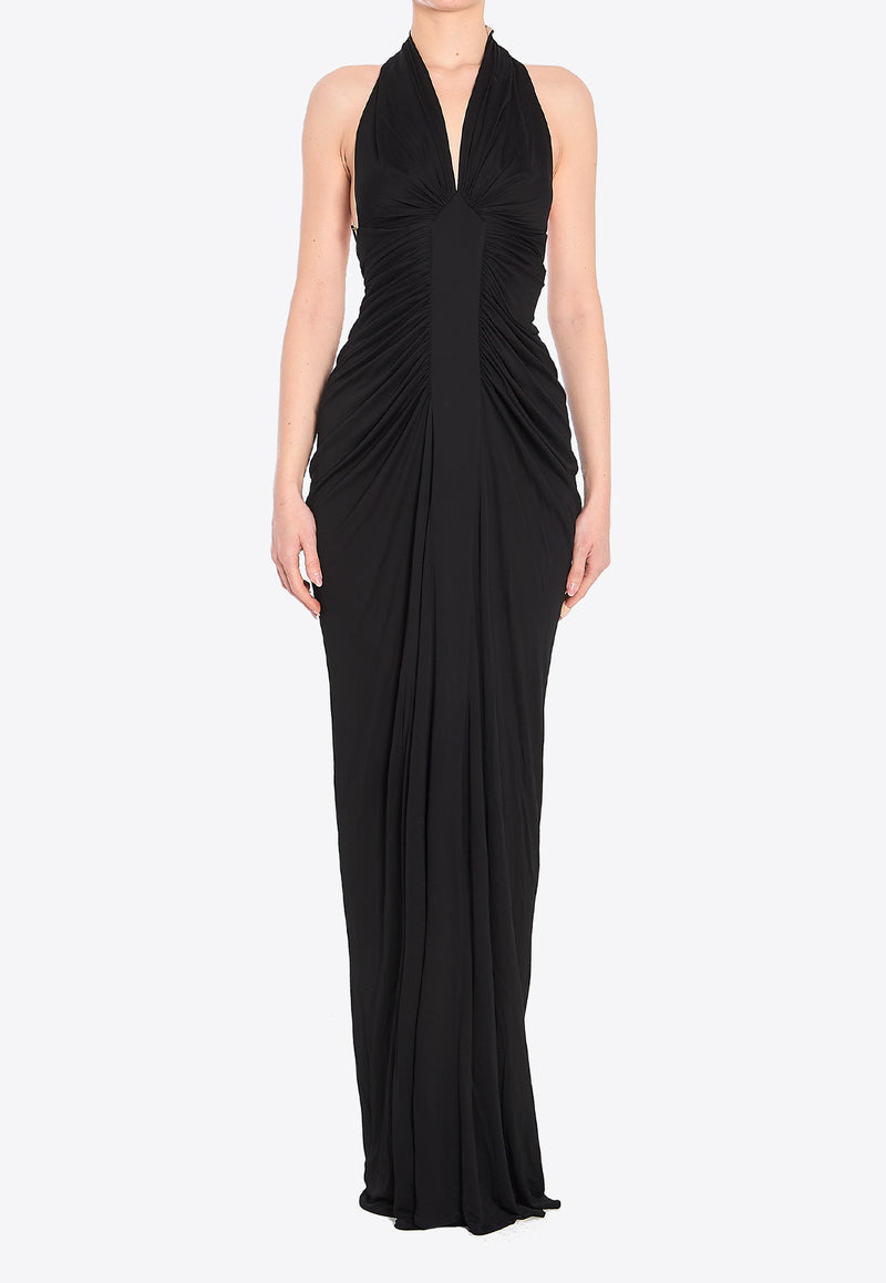 Semi-Sheer Halterneck Ruched Gown Black 810157-Y3I98-1000