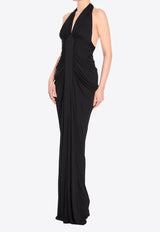 Semi-Sheer Halterneck Ruched Gown Black 810157-Y3I98-1000