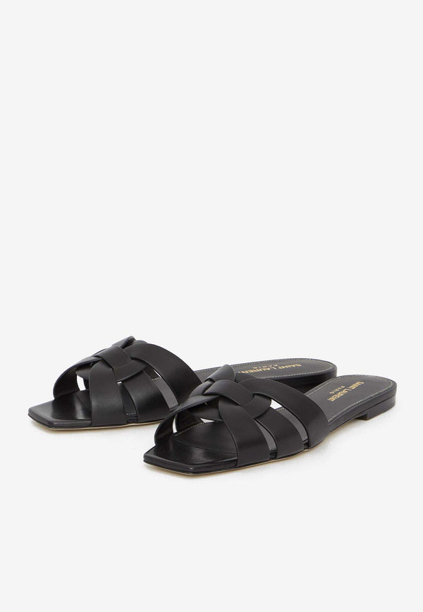 Saint Laurent Tribute Flat Sandals in Calf Leather Black 571952-BDA00-1000