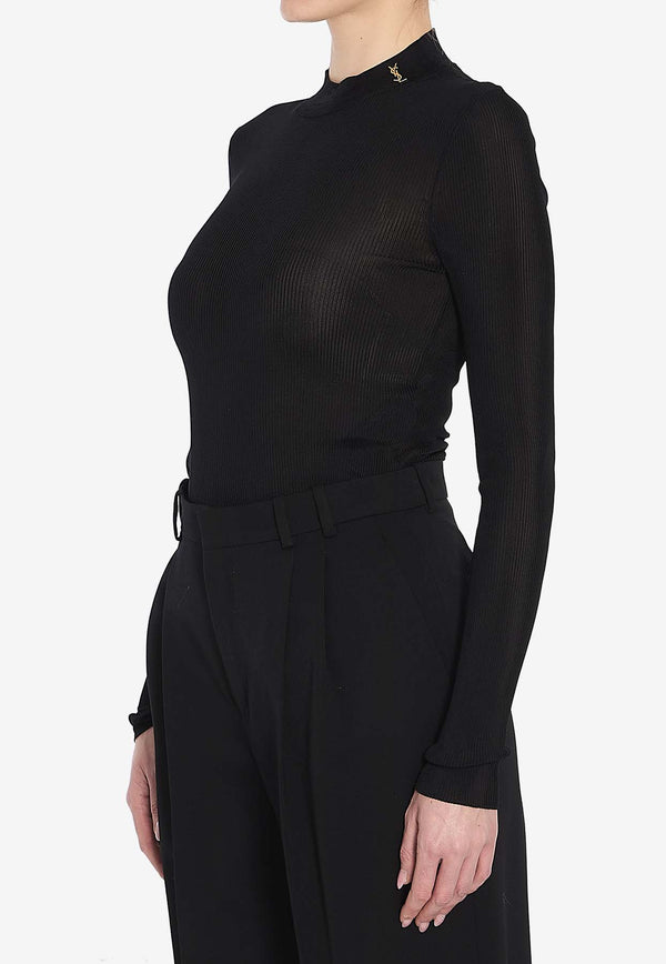 Saint Laurent Cassandre Ribbed Knit Sweater Black 654478-Y75AI-1000