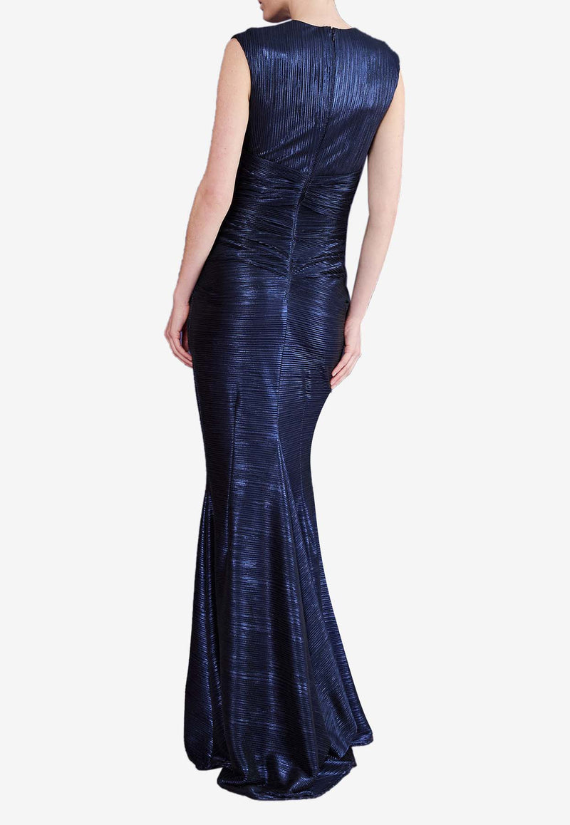 Talbot Runhof Pleated Satin Maxi Dress OL0511-01 NK10 430NAVY