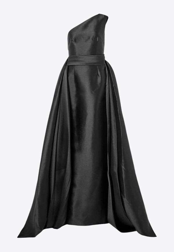 Solace London Charo One-Shoulder Satin Draped Gown Black OS42008BLACK