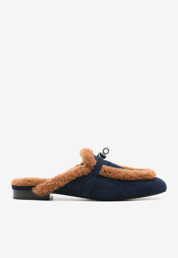 Hermès Oz Flat Mules in Marine Suede and Gold Shearling OZFMMSGSHER