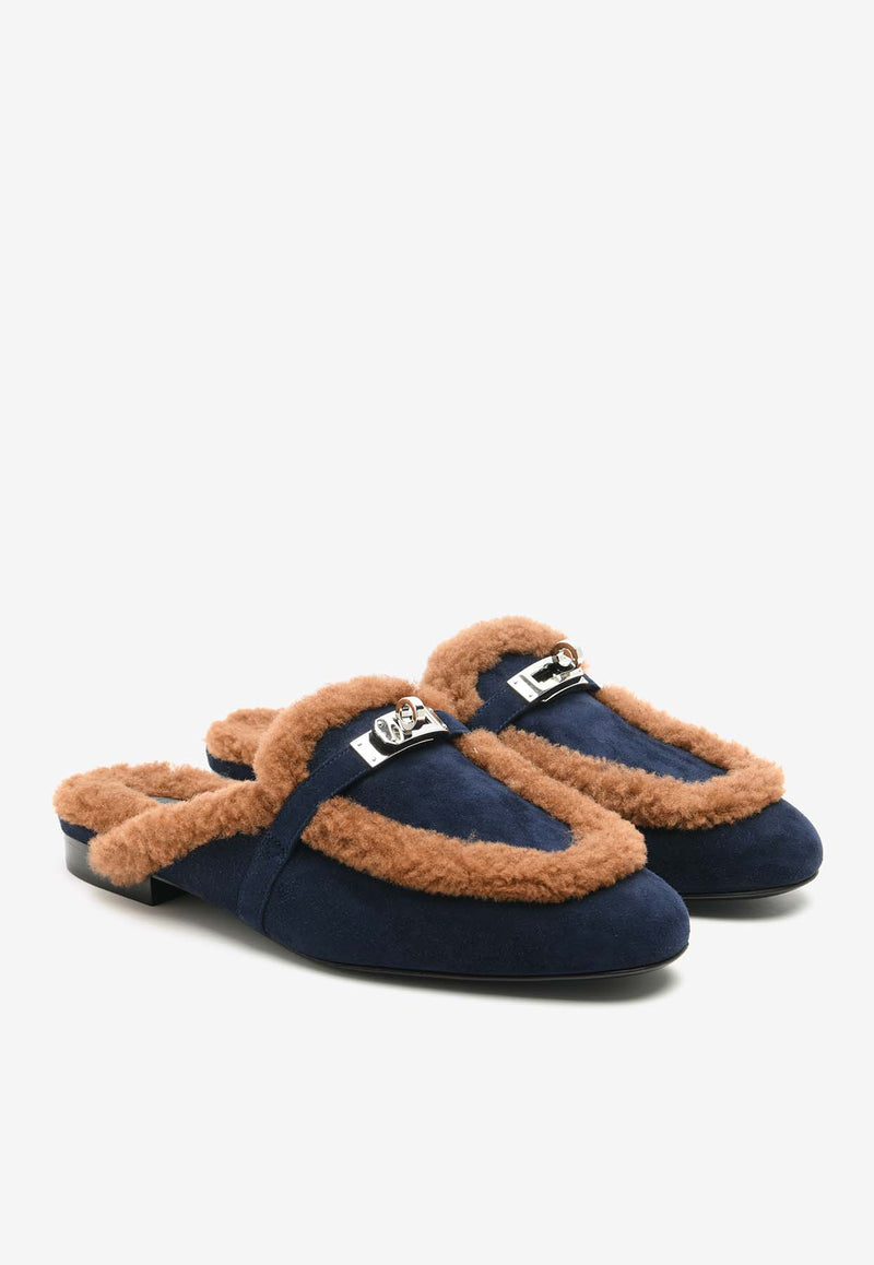 Hermès Oz Flat Mules in Marine Suede and Gold Shearling OZFMMSGSHER